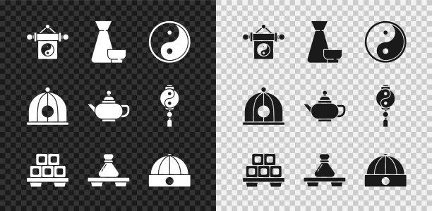 集阴阳，中国茶道，寿司砧板，饺子，帽子，和图标。向量图片下载