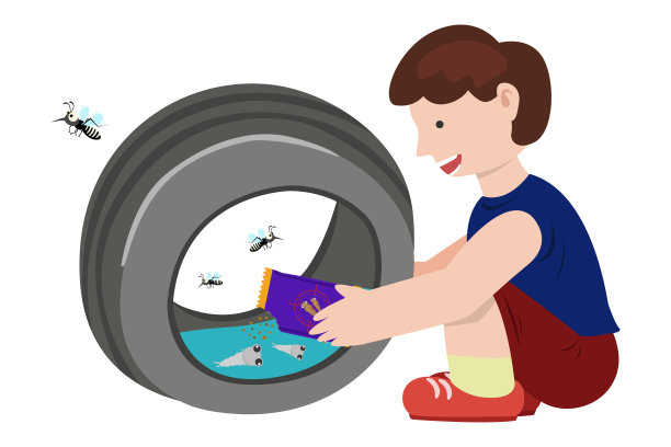 儿童倒蚊子幼虫生活在车轮。灭蚊概念图片下载