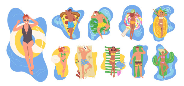 快乐的人们，卡通人物在游泳池的橡胶床垫上游泳，在海滩上晒日光浴图片下载