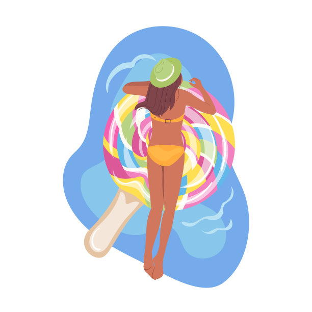 女卡通人物在橡胶棒棒糖床垫上游泳时晒日光浴图片下载