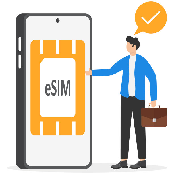 商人激活ESIM现代智能手机。智能手机内嵌sim卡。没有经典sim卡的手机。用户man使用新的数字技术。新潮的平面矢量插图图片下载