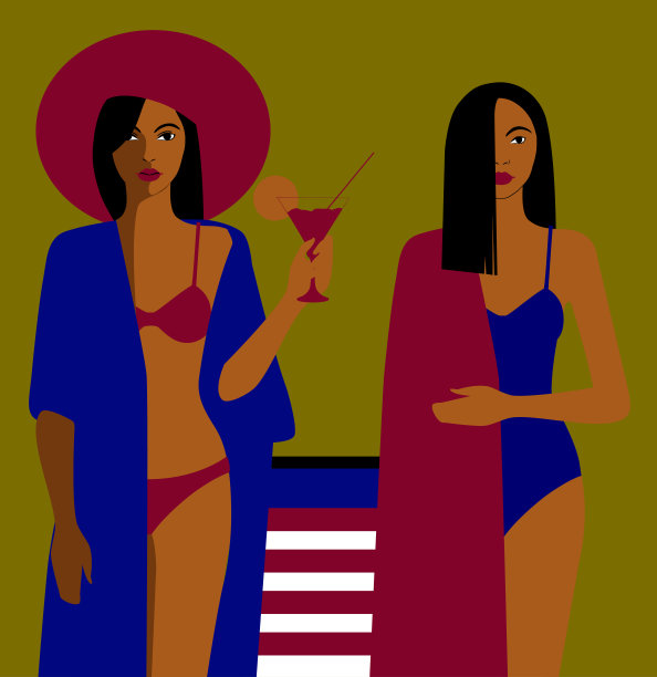 两个漂亮的黑发女郎在海滩上喝着鸡尾酒庆祝她们的假期。图片下载