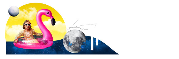 当代艺术拼贴。宇宙暑假。小女孩在充气的粉红色火烈鸟池中享受暑假，漂浮在宇宙景观上。图片下载
