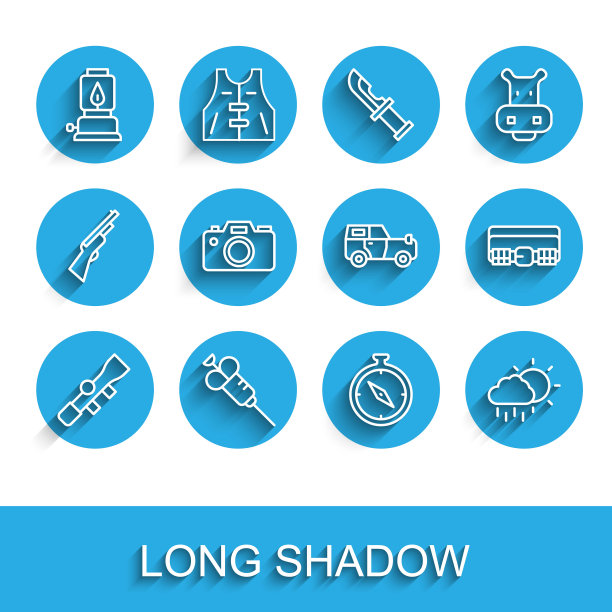 设置线狙击光学瞄准具，注射器，野营灯，指南针，云与雨，照相机，狩猎子弹带和越野图标。向量图片下载