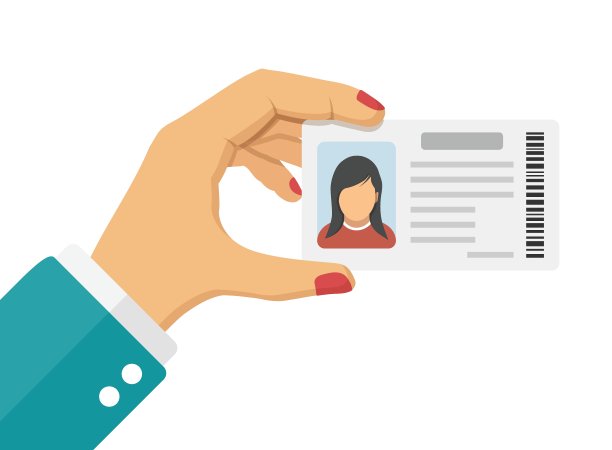 手持驾驶执照图标在平面风格。识别文件矢量插图在孤立的背景。形象牌招牌经营理念。图片下载