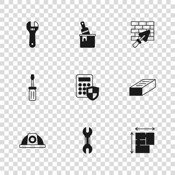 集扳手扳手，砖，房屋计划，安全键盘访问面板，墙与镘刀，可调扳手，油漆桶刷和螺丝刀图标。向量图片下载