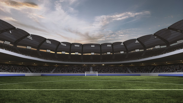 空旷的大型足球场，绿茵场环绕着挤满了球迷的舞台。竞技场有现代的设计。3 d渲染。图片下载