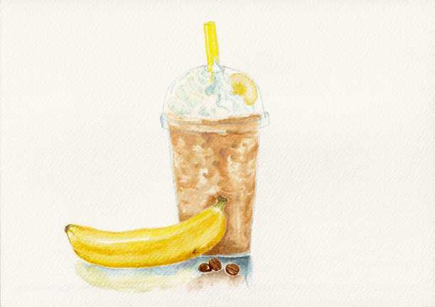 时髦的猴子浓缩咖啡和香蕉与鲜奶油混合。水彩插图。图片下载