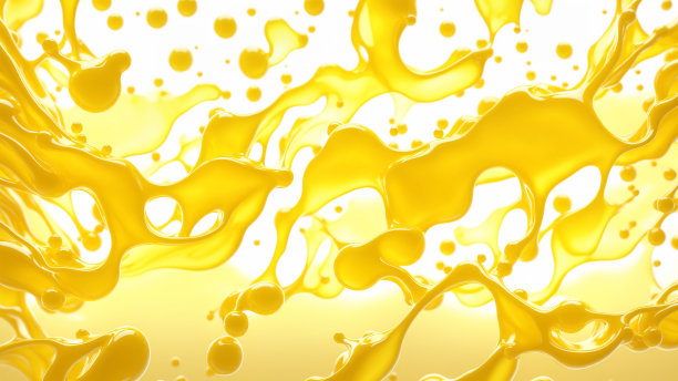 特写黄色果汁液体溅在白色背景上，创造出动态的、抽象的图案。三维渲染图片下载