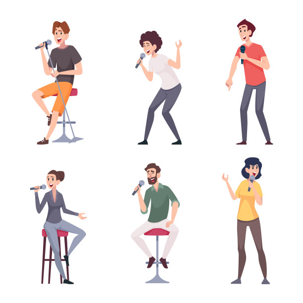 喜剧的人。男女开麦克风的人物站在麦克风和开玩笑的确切矢量站立显示图片图片下载
