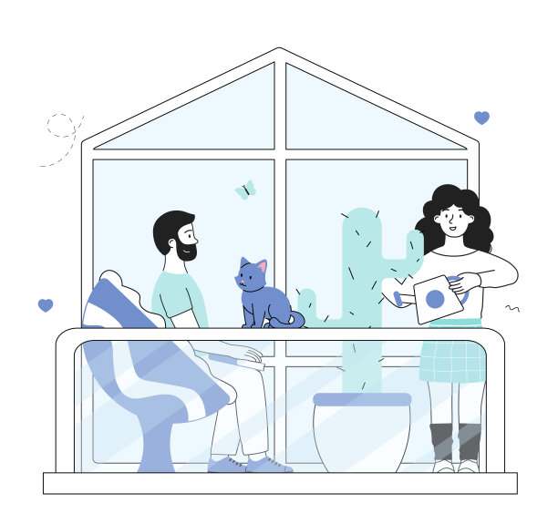 在阳台上的自由时间。男人把猫放在腿上坐着，女人给仙人掌浇水。其他户外活动。年轻情侣在一起的时光。线性平面矢量图图片下载