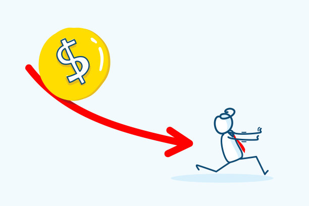 商人简笔画人物从跌落的美元和箭头图中逃跑。业务失败、投资损失或市场崩溃危机。手绘风格矢量涂鸦插图图片下载