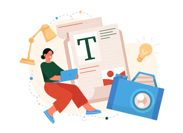 女记者概念。拿着纸和打字机的女孩。为社交网络和网站提供有趣内容的自由职业者和文案。卡通平面矢量插图图片下载