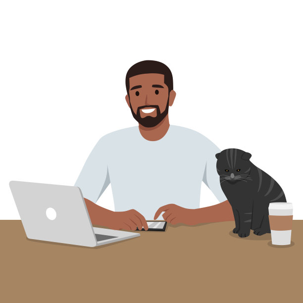 一个年轻人在桌旁工作，桌上放着一只猫和咖啡。图片下载