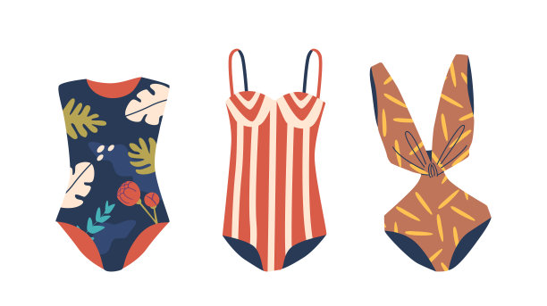 三件设计和颜色独特的女式泳衣。系列特色花，条纹，和图案的沙滩装图片下载