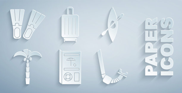 集旅游宣传册，皮划艇或独木舟和桨，热带棕榈树，浮潜，行李箱和橡胶鳍图标。向量图片下载