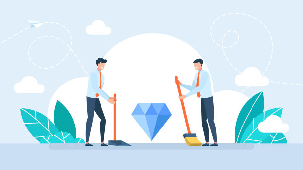 那颗珍贵的钻石被扔掉了。人才贬值。在垃圾堆里找到一颗钻石。扫帚，簸箕，垃圾。两个男人把一颗珠宝扔进垃圾桶。平坦的插图。图片下载