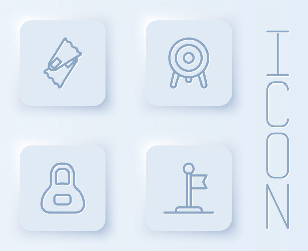 为游泳，目标运动，重量和旗帜设置线鳍。白色方形按钮。向量图片下载