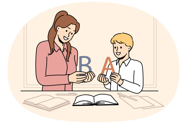 回到学校的概念，男孩与小学老师一起学习字母图片下载