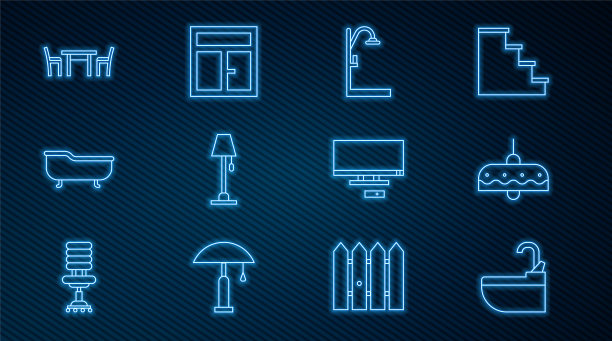 设置线洗脸盆水龙头，吊灯，淋浴，落地灯，浴缸，木制桌椅，智能电视和窗户的房间图标。向量图片下载