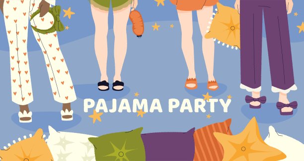 睡衣派对。穿着睡衣的可爱女孩的卡通邀请卡，睡衣和拖鞋的过夜庆祝活动。矢量传单模板图片下载