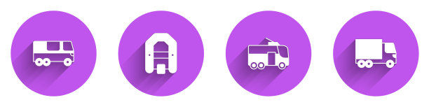 集公共汽车，漂流船，无轨电车和货运卡车图标与长阴影。向量图片下载