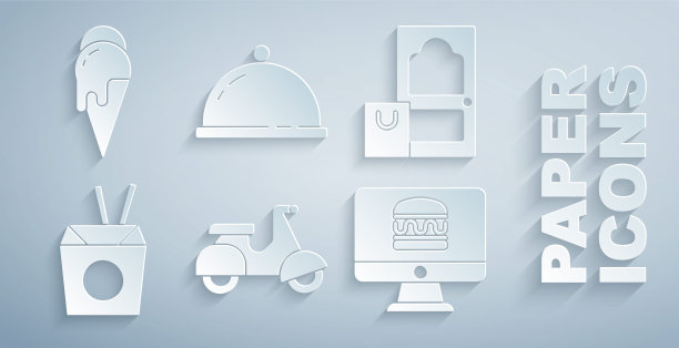 集滑板车外卖，网上订餐，亚洲面条筷子，托盘上的食物和冰淇淋图标。向量图片下载