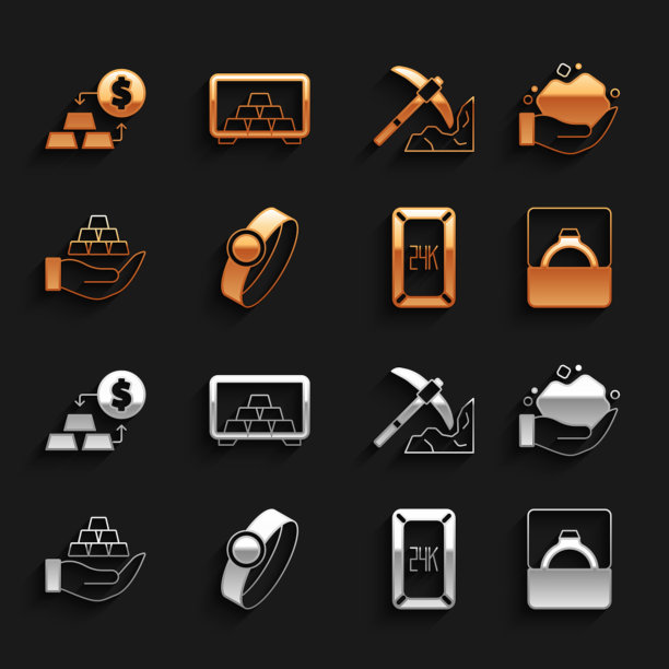 集金戒指，金块，钻石订婚盒，酒吧24k，手，采矿，兑换钱和安全与黄金图标。向量图片下载