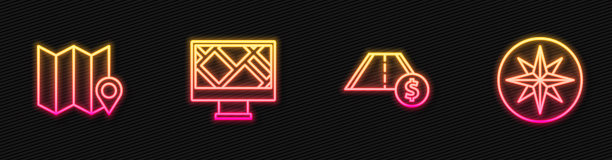 设置线收费公路交通，折叠地图与位置标记，监视器和风玫瑰。发光的霓虹灯图标。向量图片下载