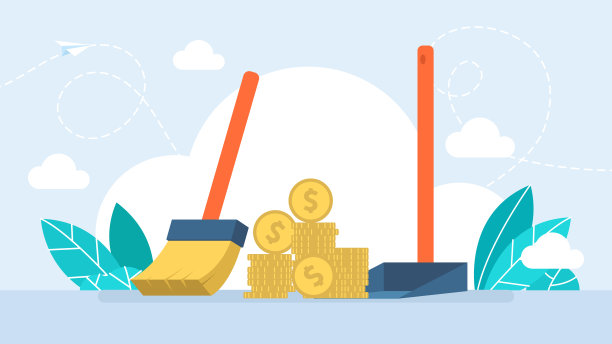 全面的硬币。通货膨胀，禁运，制裁，货币贬值的概念。扫把扫钞票，清除钞票或打扫卫生。扫帚，铲子，扫地。平的插图图片下载