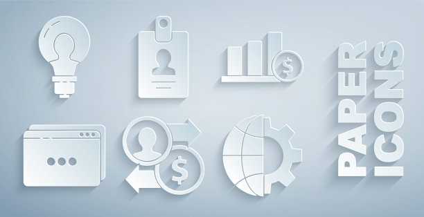 设置工作晋升兑换钱，饼图信息图和美元，网站模板，地球齿轮，身份识别徽章和灯泡与概念的想法图标。向量图片下载