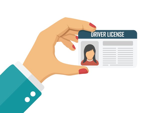 手持驾驶执照图标在平面风格。身份证矢量插图上孤立的背景。人字签经营理念。图片下载