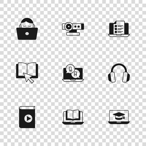 设置在线课程，耳机，毕业帽笔记本电脑，问答，测验，测试，调查，学生工作，网络摄像头和书籍图标。向量图片下载