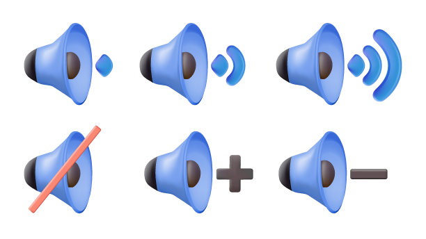 音量控制图标。媒体播放器按钮图标集。矢量可缩放图形。扬声器符号设置。声音关闭图标图片下载