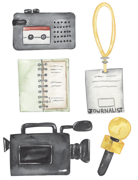 水彩记者工具插图，相机剪贴画，唱机，麦克风剪贴画，徽章，笔记本剪贴画集图片下载