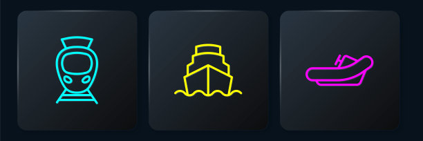 设有电车、铁路、漂流船、游船。黑色方形按钮。向量图片下载