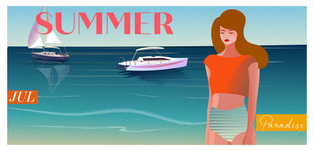 夏季海报与大海景观，海滩图片下载