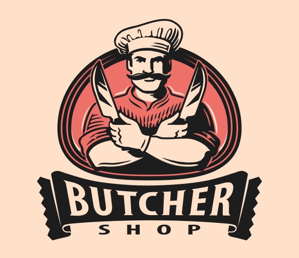 肉店标签。厨师用刀切肉，徽章或徽章。农场食品矢量图图片下载