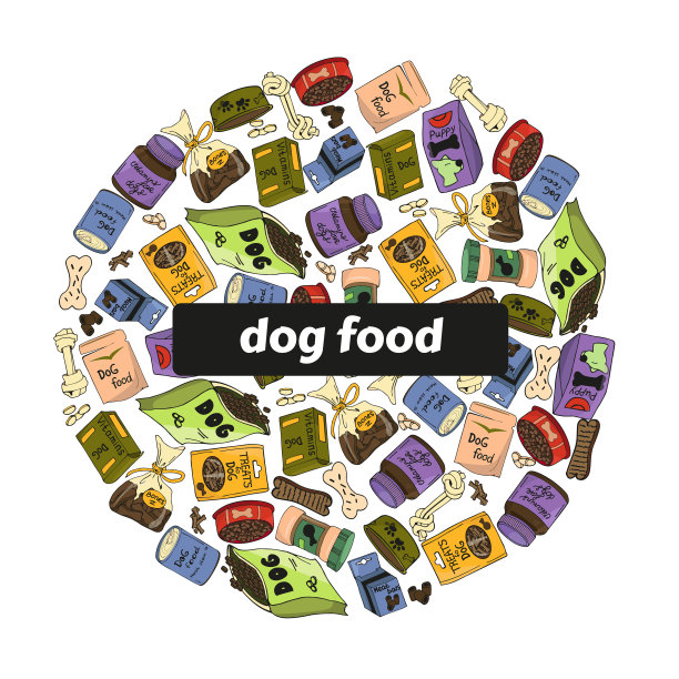向量集的狗粮在一个圆圈的形状在卡通风格。宠物食品的彩色图像。图片下载