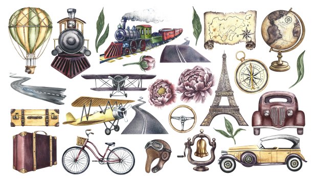 一次复古之旅。一套复古的交通工具和旅行元素。手工制作的水彩插图的剪贴画。隔离。用于横幅，传单，海报。印刷，贴纸，明信片和门票。图片下载
