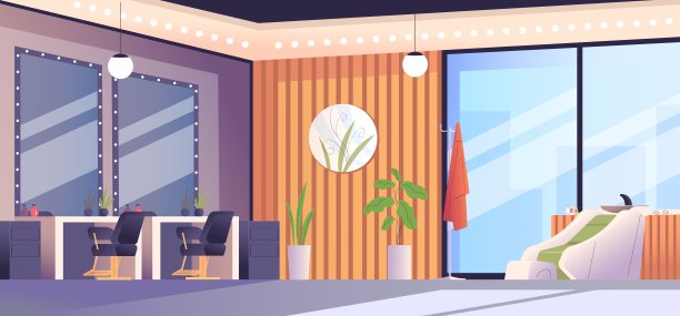 美容院内部。发型师工作室，化妆品桌子椅子镜子内理发店房间理发师办公桌头发现代沙龙化妆设备，优雅的矢量插图图片下载