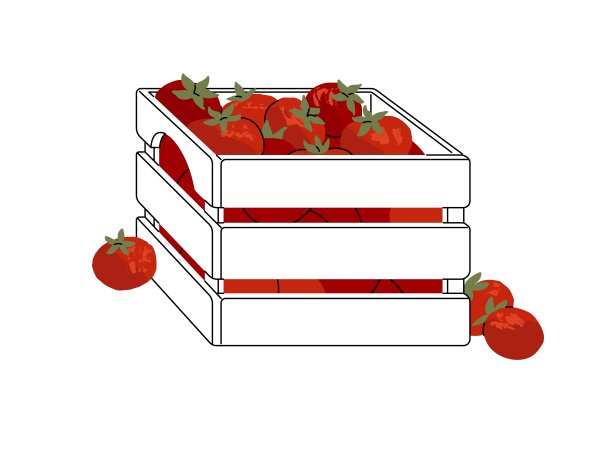 板条箱里从农场运来的成熟蔬菜。一堆新鲜的红番茄在木箱里。在当地市场销售的有机农产品篮子。平面隔离矢量插图上的白色背景图片下载