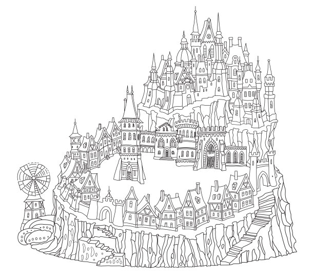 童话般的中世纪城堡和古老的小别墅。成人和儿童涂色书页图片下载