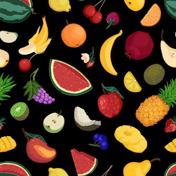 水果涂鸦矢量无缝图案。点缀浆果，热带水果，夏季收获。图片下载