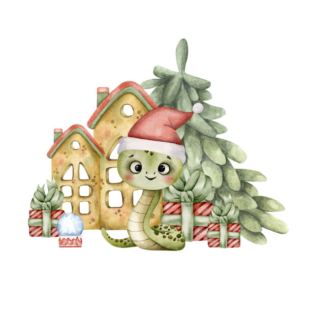 新年圣诞手绘插画水彩可爱的小蛇，圣诞树，礼物，烛台的房子。蛇年，可爱的卡通蛇在水彩画图片下载