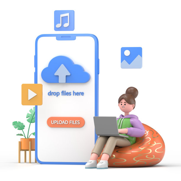 亚洲女孩Renae的3D插图。云系统，文件下载，数据库保护概念，数据中心，文件管理，平面插画3D登陆页面模板图片下载