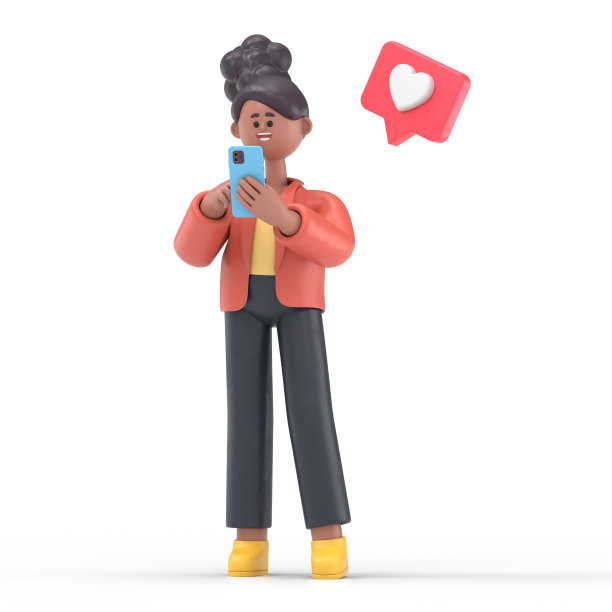 非裔美国妇女可可对着她的手机微笑的3D插图。手持手机的女性角色会在手机屏幕上弹出。三维模型插图图片下载