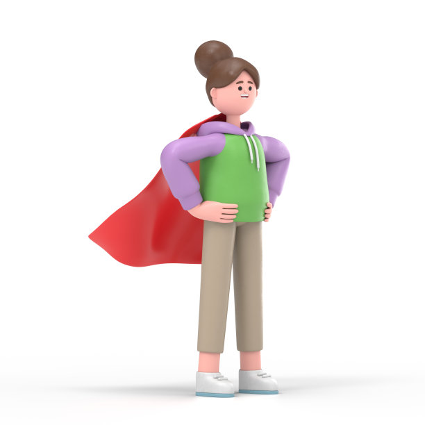 亚洲女孩Renae站在一个超级英雄的姿势与红色斗篷的3D插图。模型3d人物插图。白色背景的3D渲染图片下载