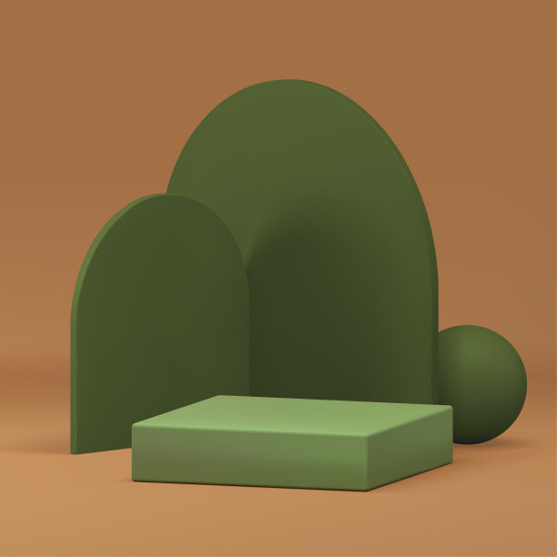 三维绿色方形讲台基座与曲线墙背景现实向量插图图片下载