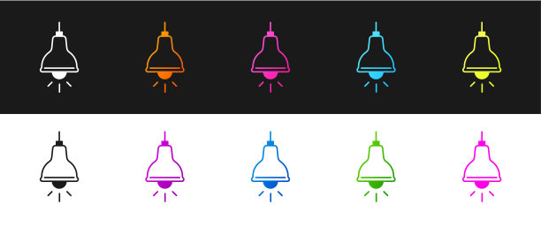 设置灯挂图标孤立的黑色和白色背景。顶灯灯泡。向量图片下载